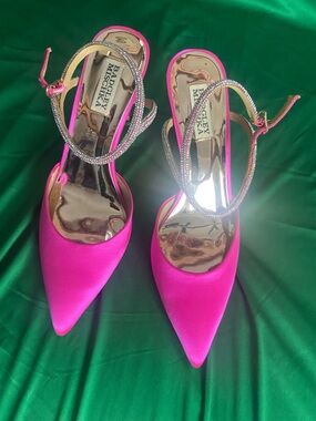 Badgley Mischka Hot Pink Satin Pointed-Toe Heels with Rhinestone Ankle Straps